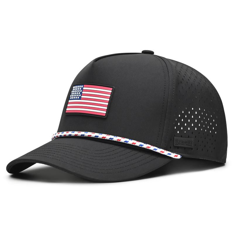 Curves & Clubs Blackout Flag Golf Hat - Black Performance Rope Cap - Patriotic USA Golf Hat - Adjustable, Breathable Mesh Back, Sleek Blackout Design, Classic Rope Accent USA Flag Golf Hat