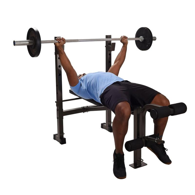 Stamina Adjustable Steel Weight Bench Barbell Rack Combo Set for Home Gym, Black Adjustable Foldable