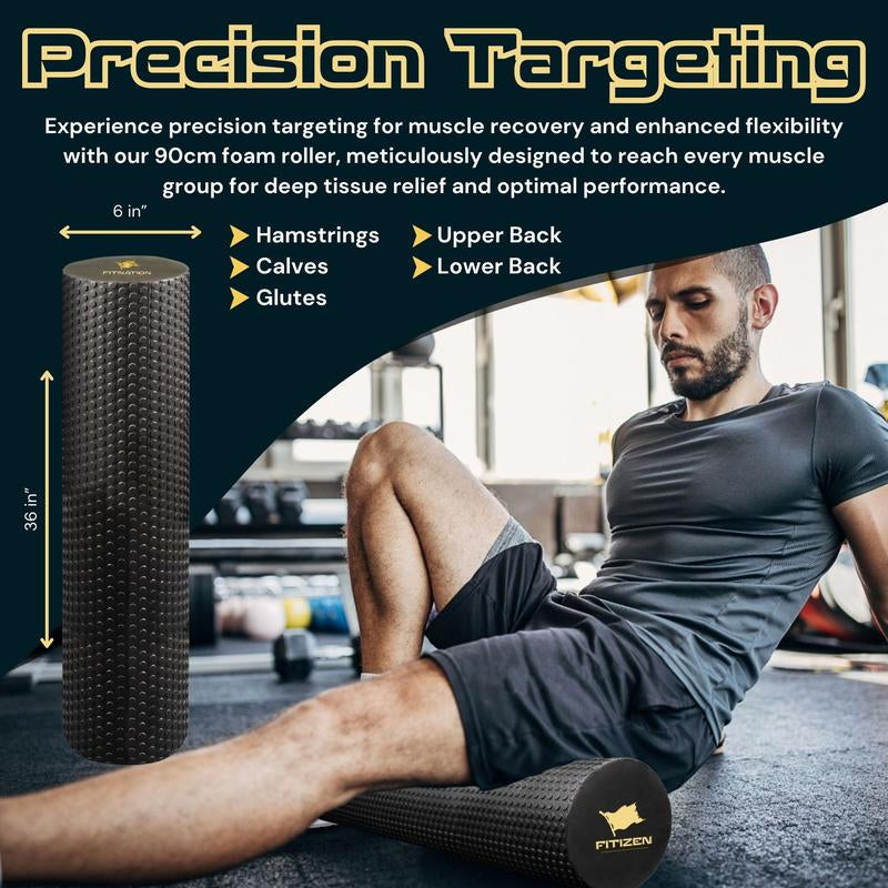 Foam Roller - Extra Large - 36 X 6 Inches - Textured for Muscle Massage, Physical Therapy, Pilates, Yoga, Exercise Equipment by Fitnation