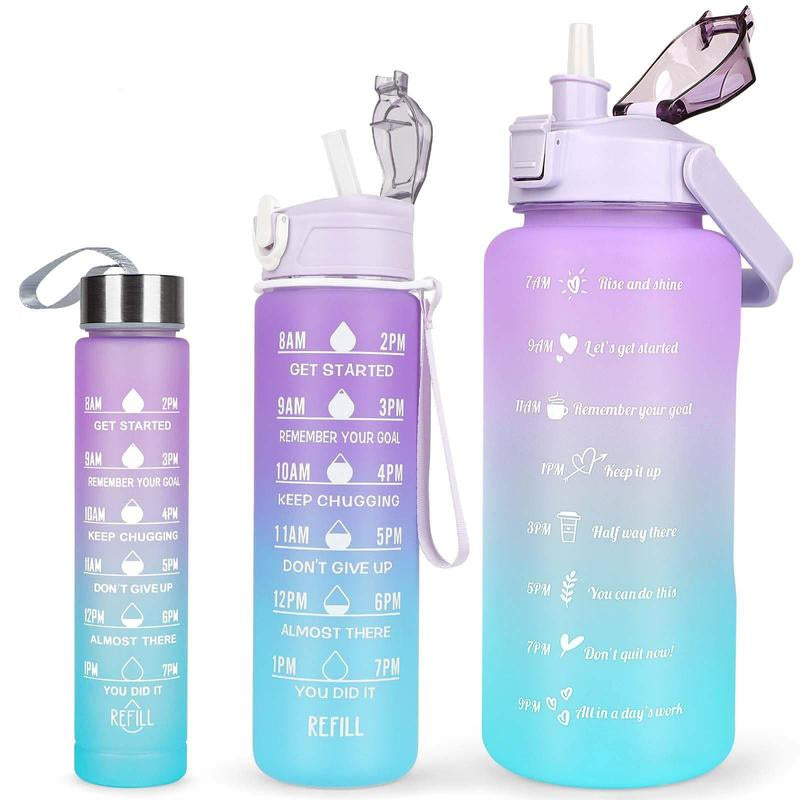 Summer Travel Gradient Water Bottles, 3 Counts/Set Portable Tumbler with Straw & Strap, Reusable Water Bottles with Time Marks, Washable Drinkware, Running Essentials, Christmas Gift