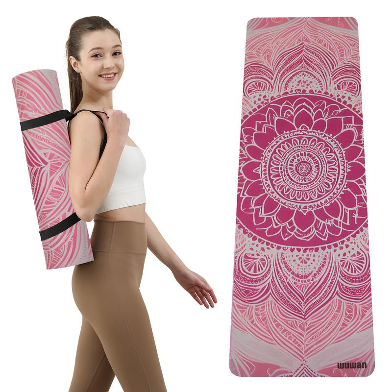 Printed Yoga Mat 72" X 24" Thick 6Mm Non-Slip Fitness Exercise Exercise Mat with Strap for Women Men Yoga Pilates Workout Gym Floor Workout