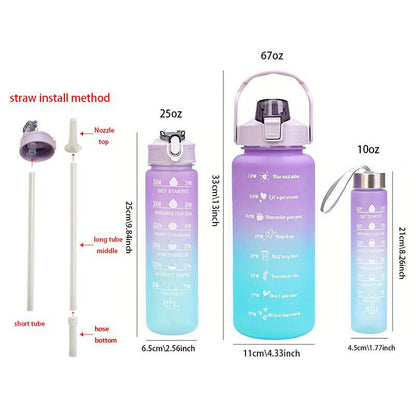 Summer Travel Gradient Water Bottles, 3 Counts/Set Portable Tumbler with Straw & Strap, Reusable Water Bottles with Time Marks, Washable Drinkware, Running Essentials, Christmas Gift