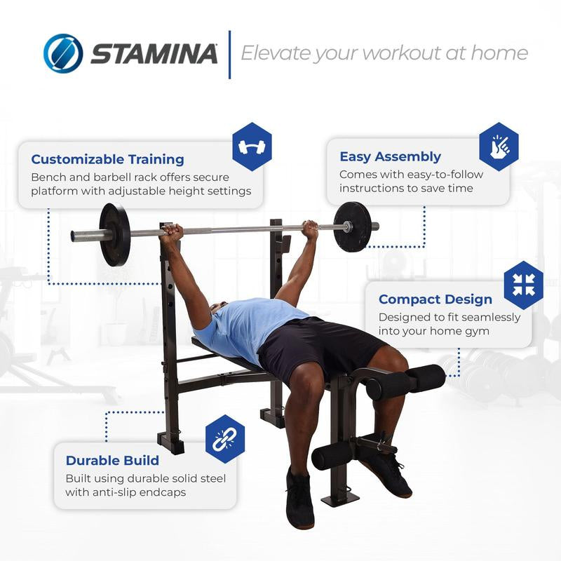 Stamina Adjustable Steel Weight Bench Barbell Rack Combo Set for Home Gym, Black Adjustable Foldable