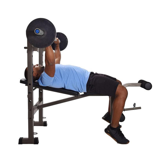 Stamina Adjustable Steel Weight Bench Barbell Rack Combo Set for Home Gym, Black Adjustable Foldable